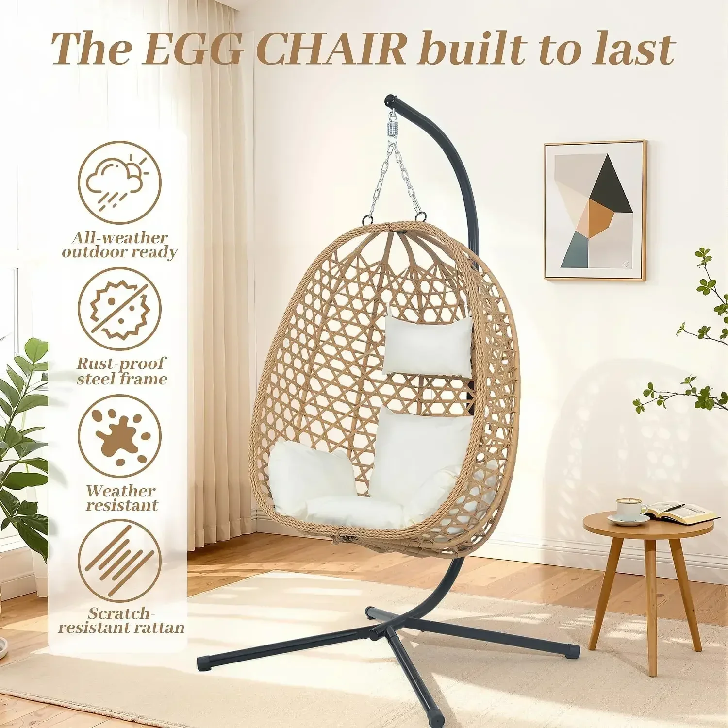 [New Arrival, Limited Stock!]Hanging Egg Chair with Cushions Rattan Swing Chair with Stand for Patio Garden Balcony Relaxing Lou