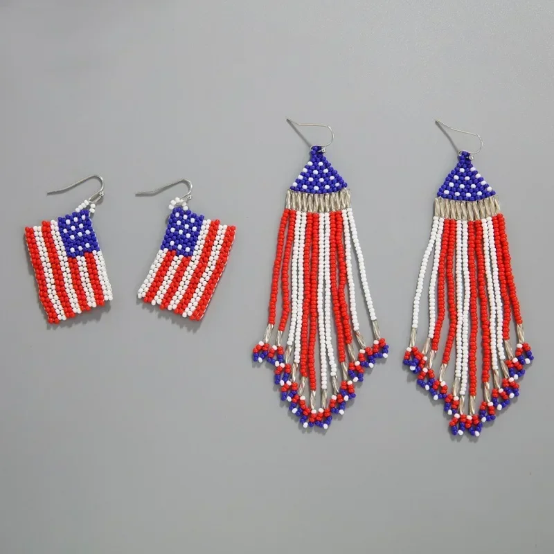 Beaded earrings Personality Independence Day Bohemia Tassel Design Hand knitting Alloy Female Tide Simple Rice bead earrings