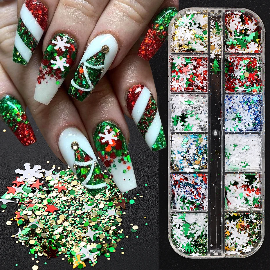 Merry Christmas Flakes Nails Art Glitter Green Red Xmas Sequins White Snowflakes Stars Paillette Winter Manicure Decoration #SDF