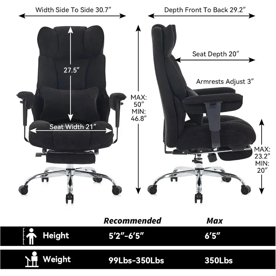 Executive Office Chair for Big and Tall Users, 400lbs Capacity, Black Fabric Seat with Enhanced Lumbar Support and Heavy-Duty B