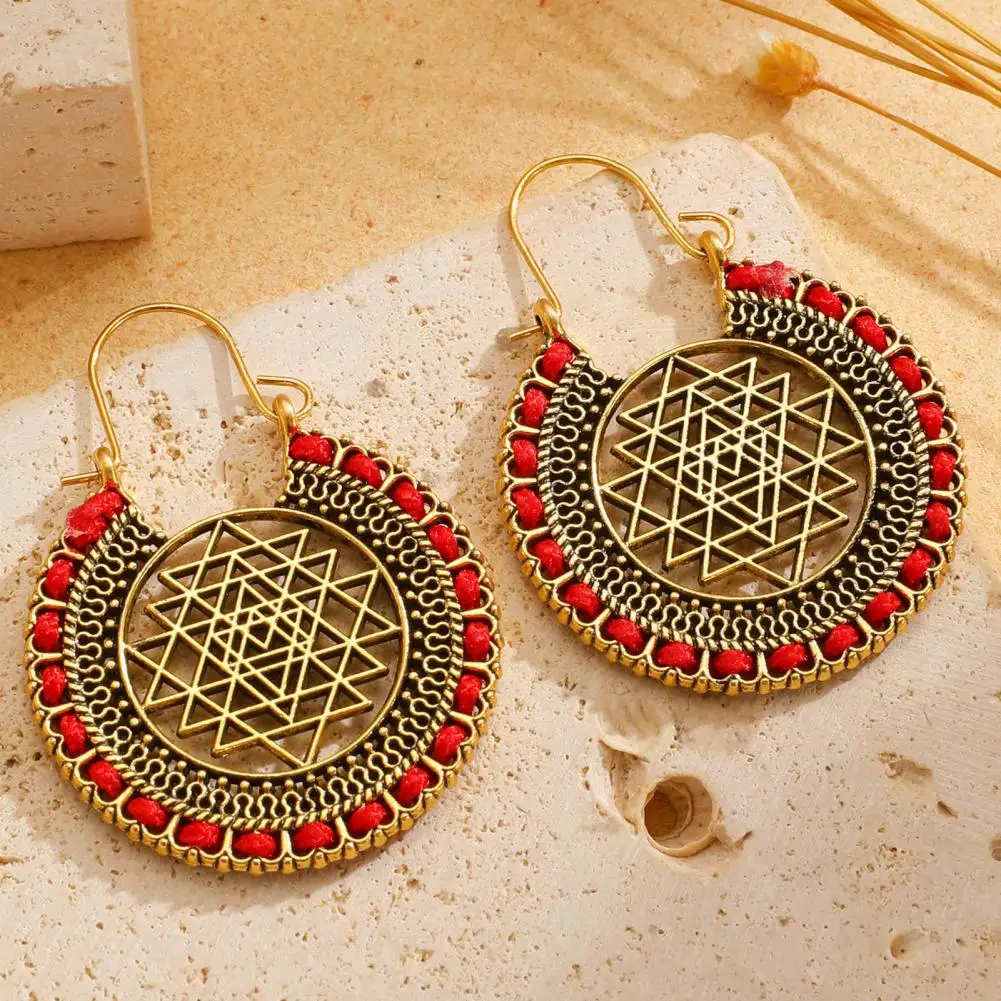 Rope Earrings Retro Bohemia Earrings Set Hand-woven Rope Jewelry Hollow Carving Lace Sun Shapes for Beach Festival Wear Bohemian