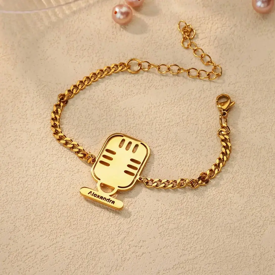 

Customized Microphone Name Bracelets For Women Gold Color Stainless Steel Personalized Bracelet Wedding Christmas Jewelry Gift