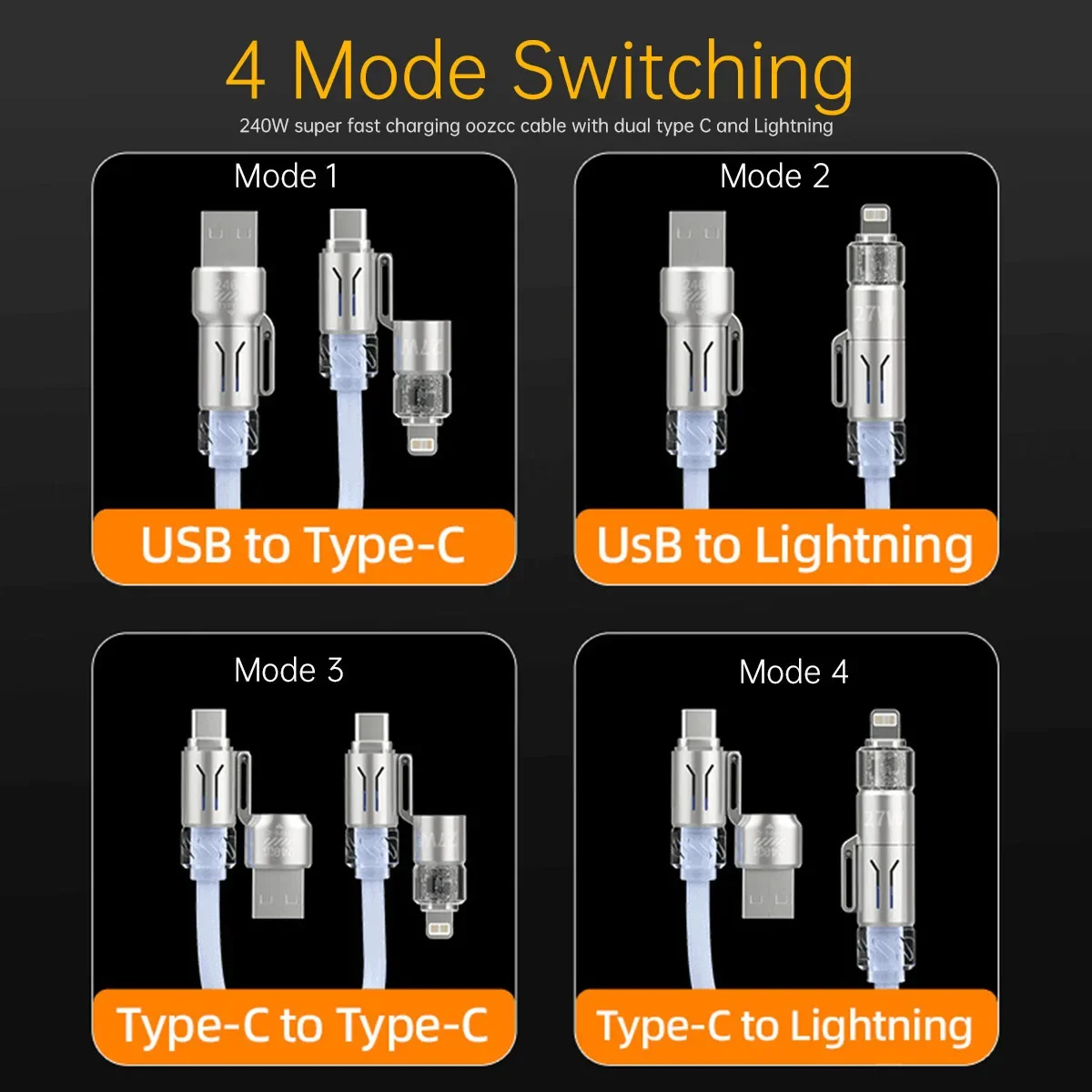 240W 4 in 1 RGB Spring USB C to C Cable PD Fast Charger Line 1.8M for iPhone 16 Pro Max 15 iPad Xiaomi Samsung Tablet