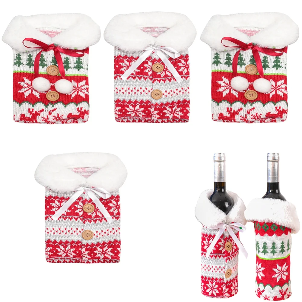 4pcs/set Knitting Wine Bottle Bags 13*23cm Reusable Material Packaging Pouch For Christmas Party Table Decorations