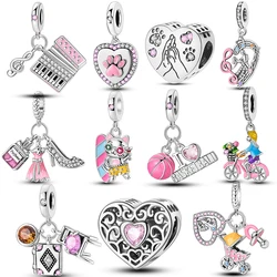Silver Plated Pink Series Zircon Charms Fit Original Bracelet Necklace DIY Beads For Women Jewelry Making Gift
