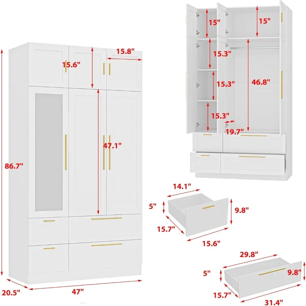 Wardrobe Armoire Closet with Mirror, 3 Door Wardrobe with Hanging Rod, 4 Drawers, Shelves, Modern Bedroom Armoire with Gold Hand