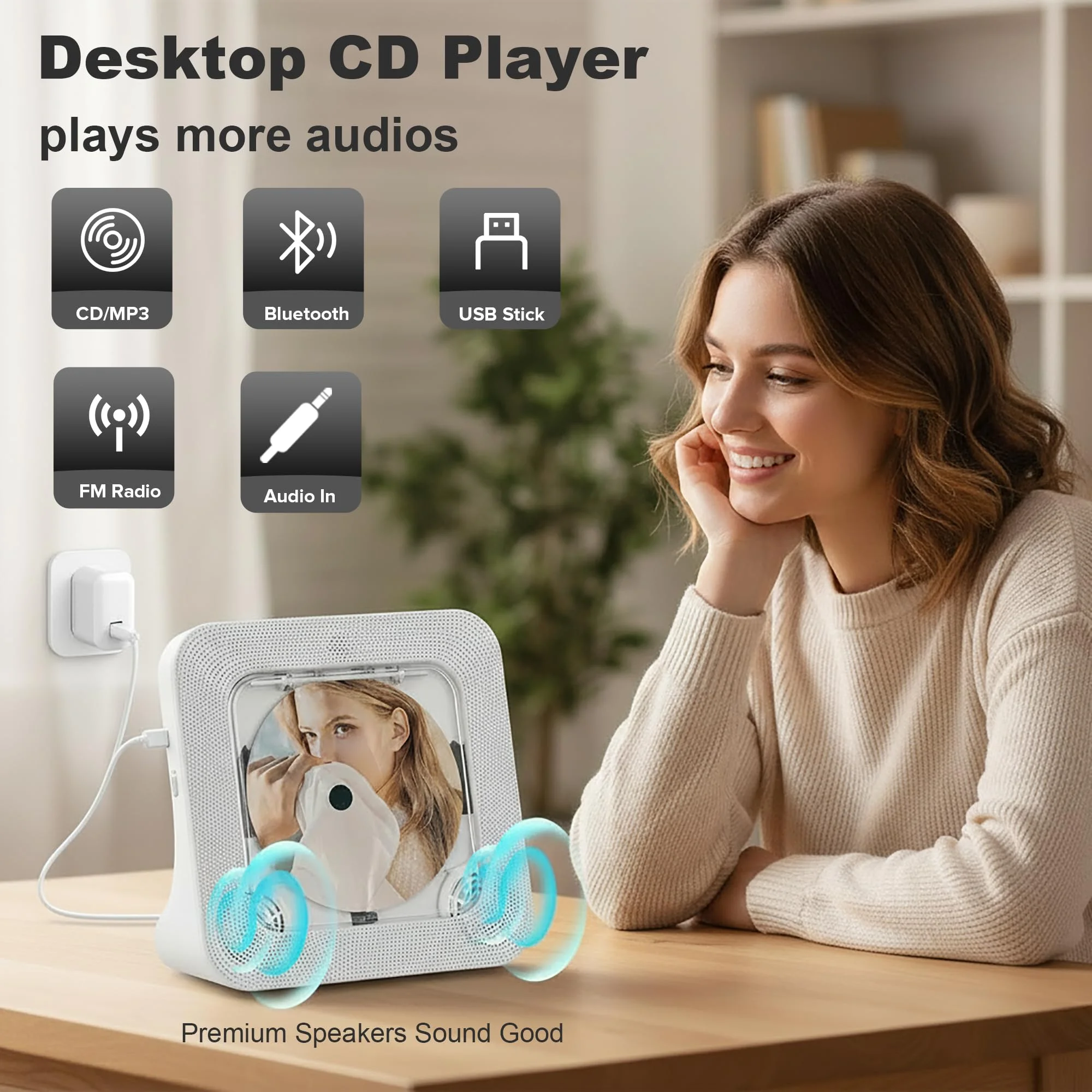 

Настольный CD-плеер, Bluetooth-плеер для музыки с FM-радио, пультом дистанционного управления, регулируемой скоростью воспроизведения, таймером сна, двойными Hi-Fi динамиками