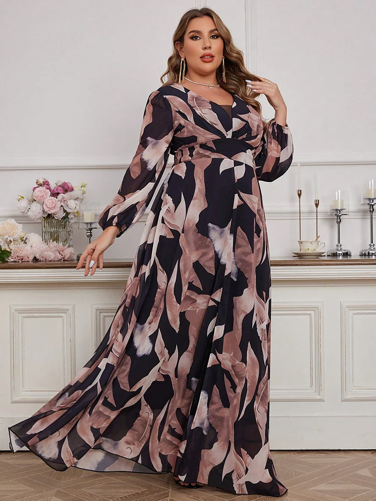 TOLEEN-Vestido de manga acampanada con estampado Floral para mujer, vestido informal elegante con abertura hasta el muslo, ropa de primavera y verano, talla grande 2024