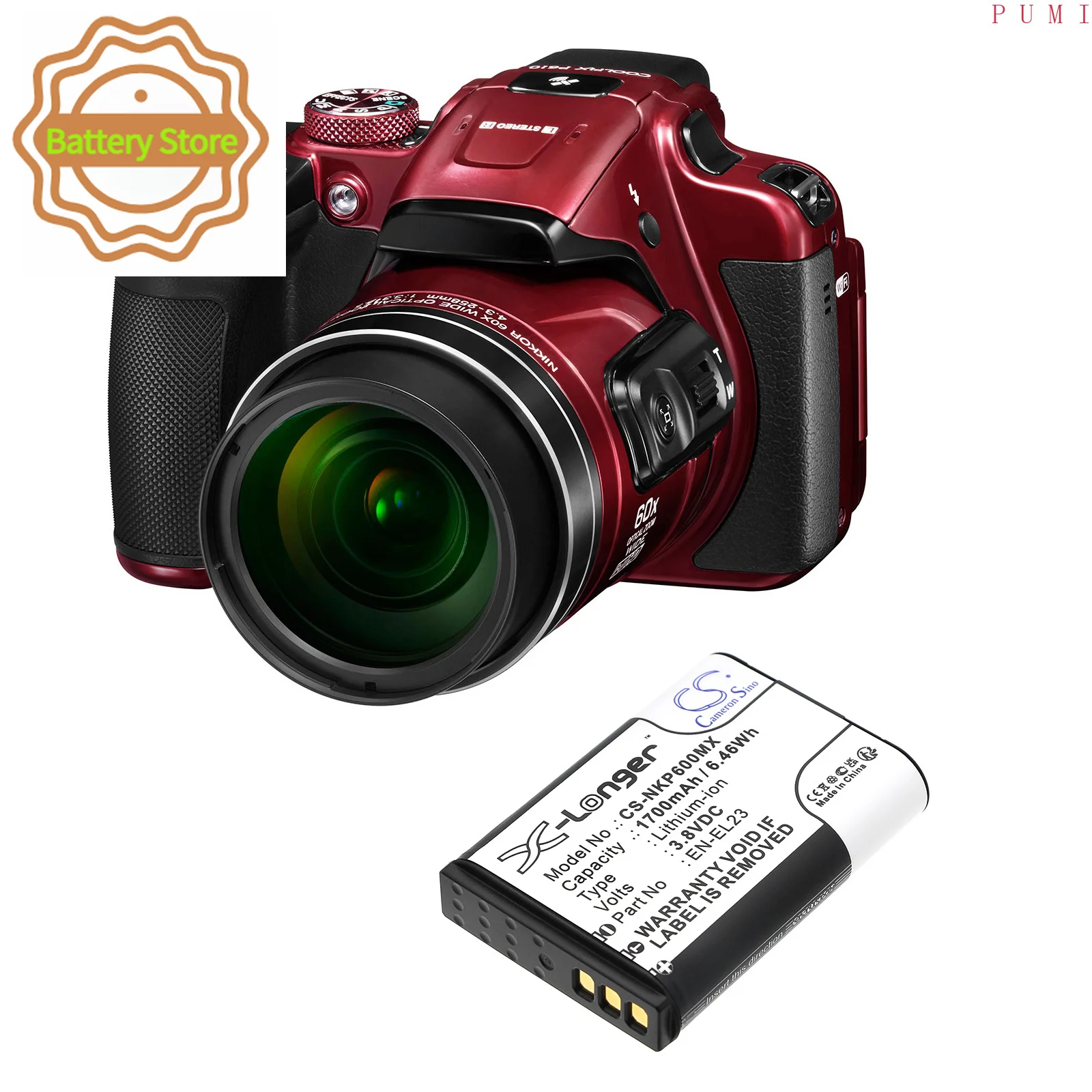 CS Replacement Battery for NiKon Coolpix P600,Coolpix P610,Coolpix P900,Coolpix P610s,Coolpix P90 PN:EN-EL23 1700mAh / 6.46Wh