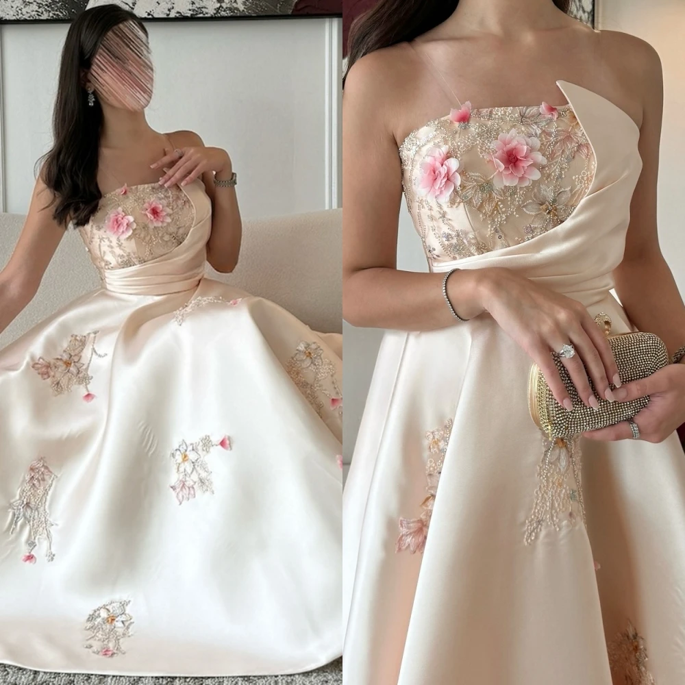 

Customized Formal Satin Strapless Evening Dress Classic Sleeveless Prom Dresses Delicate Flowers Special Occasion Gowns