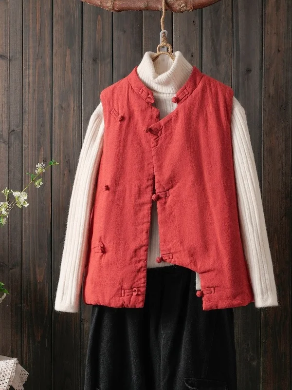 

Женский хлопковый жилет Thiened, новинка зимы 2021, воротник-стойка в этническом стиле, хлопково-льняной жилет ручной работы на пуговицах в стиле ретро