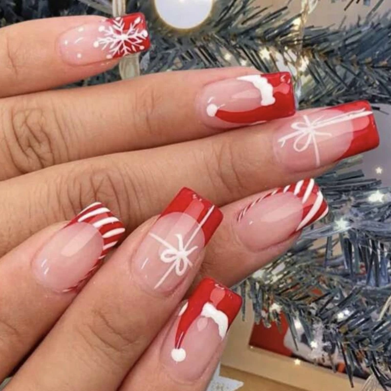 

Festive Press on False Nails with Stripes Set For Christmas Parties