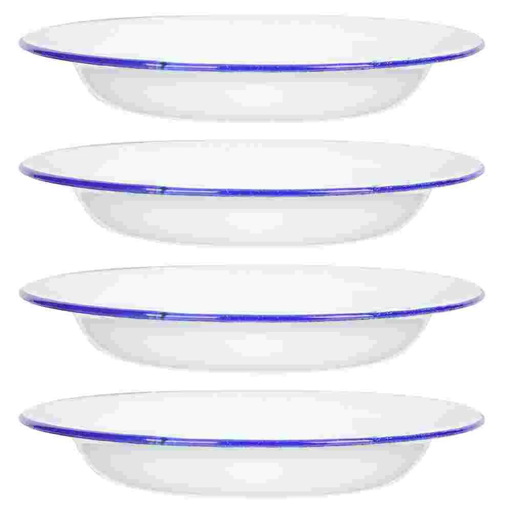 

4 Pcs Enamel Plate Fruits Dish Dishes Dinner Flat Edges Plates Steamed White Food Serving Tray