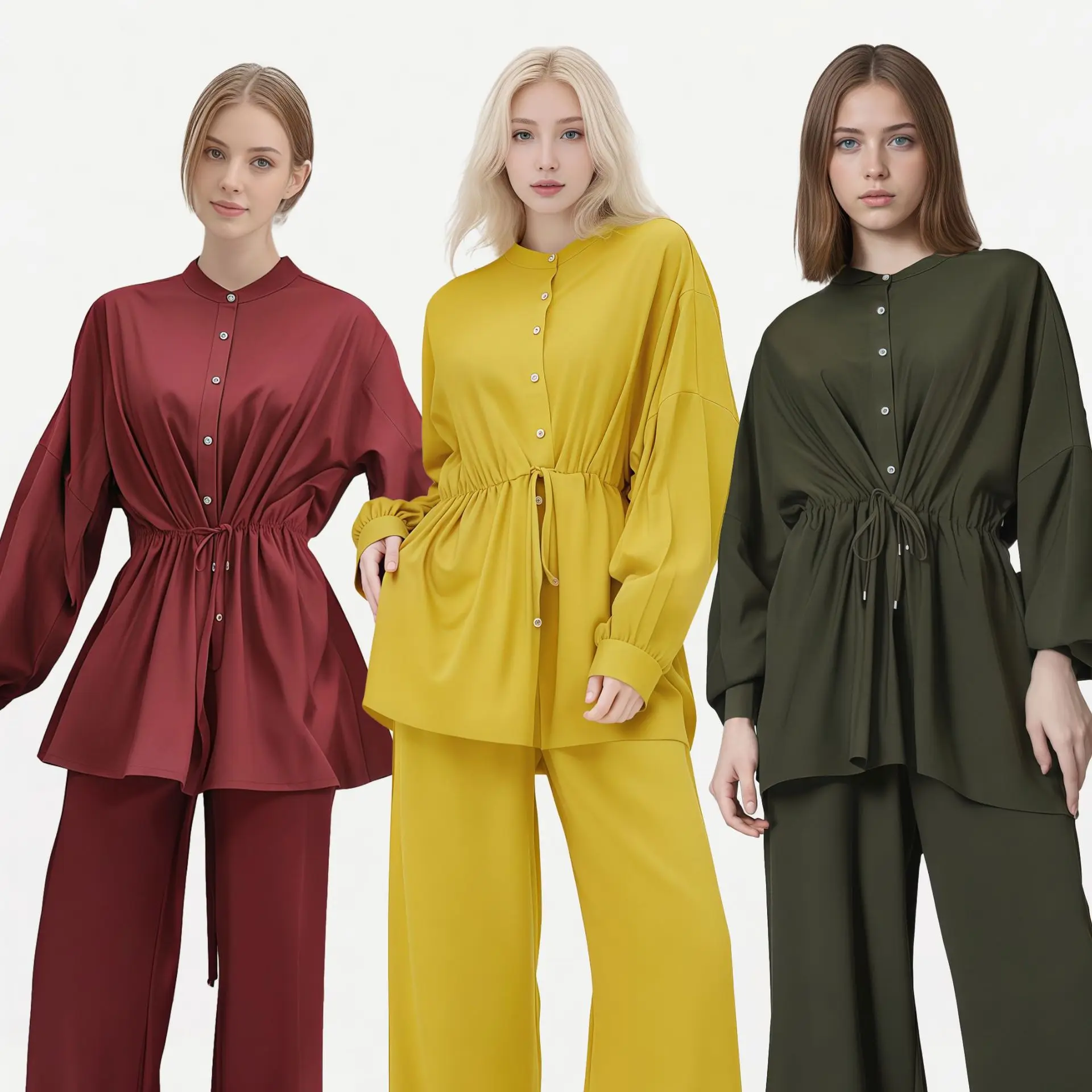 

Повседневные женские топы и брюки на пуговицах, комплект из 2 предметов, мусульманская одежда, турецкий кафтан, исламская одежда, рубашка Femme Musulmane Ensembles