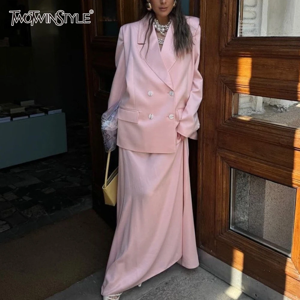 

TWOTWINSTYLE Office Two Piece Set for Women Lapel Long Sleeve Spliced Buttons Jacket High Waist Bodycon Long Skirt Suit Female