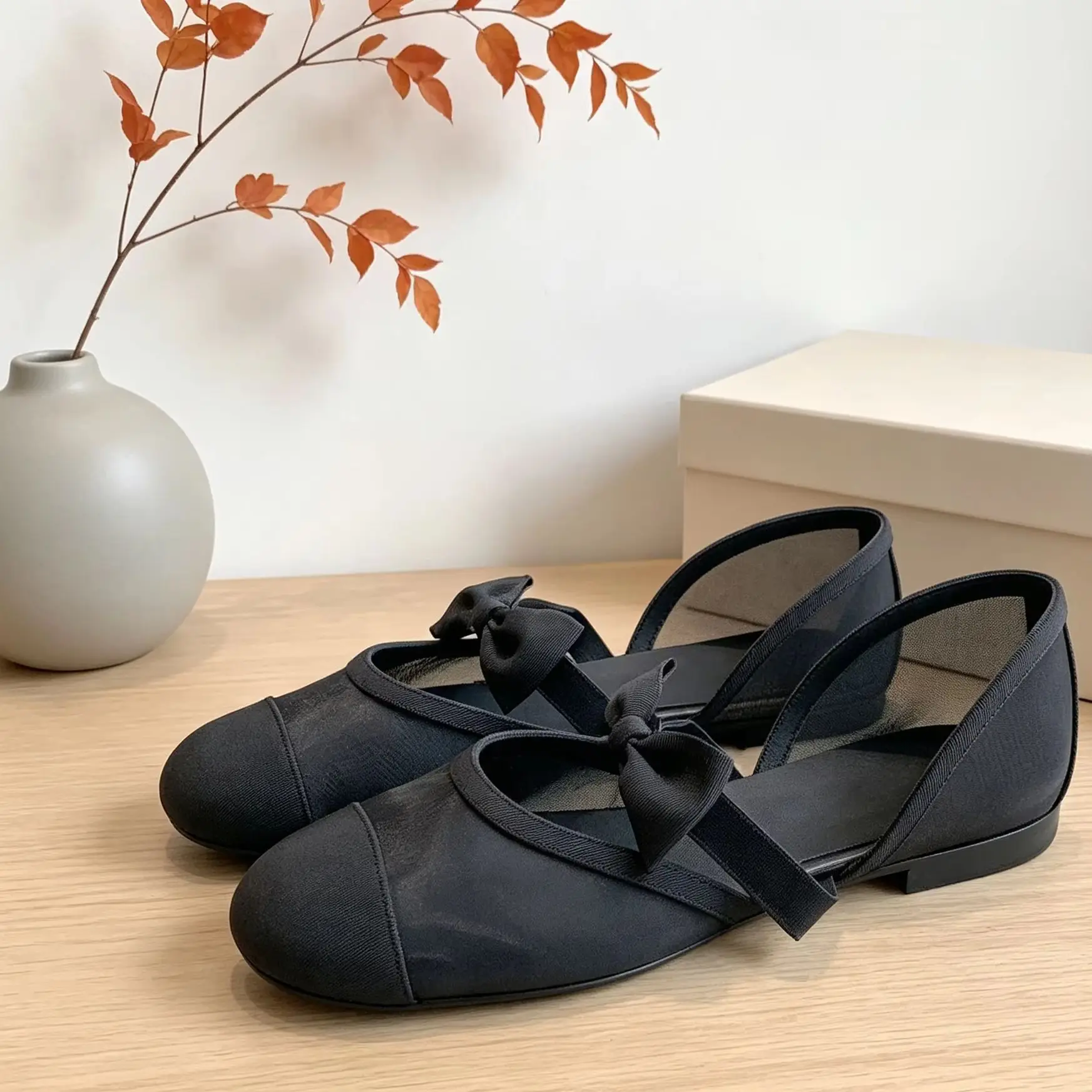 Women's 2026 Summer Black Leather Round Toe Sandal Flat Mary Janes Grosgrain Bow Elegant Daily Office Ladies Daily Dress Shoes