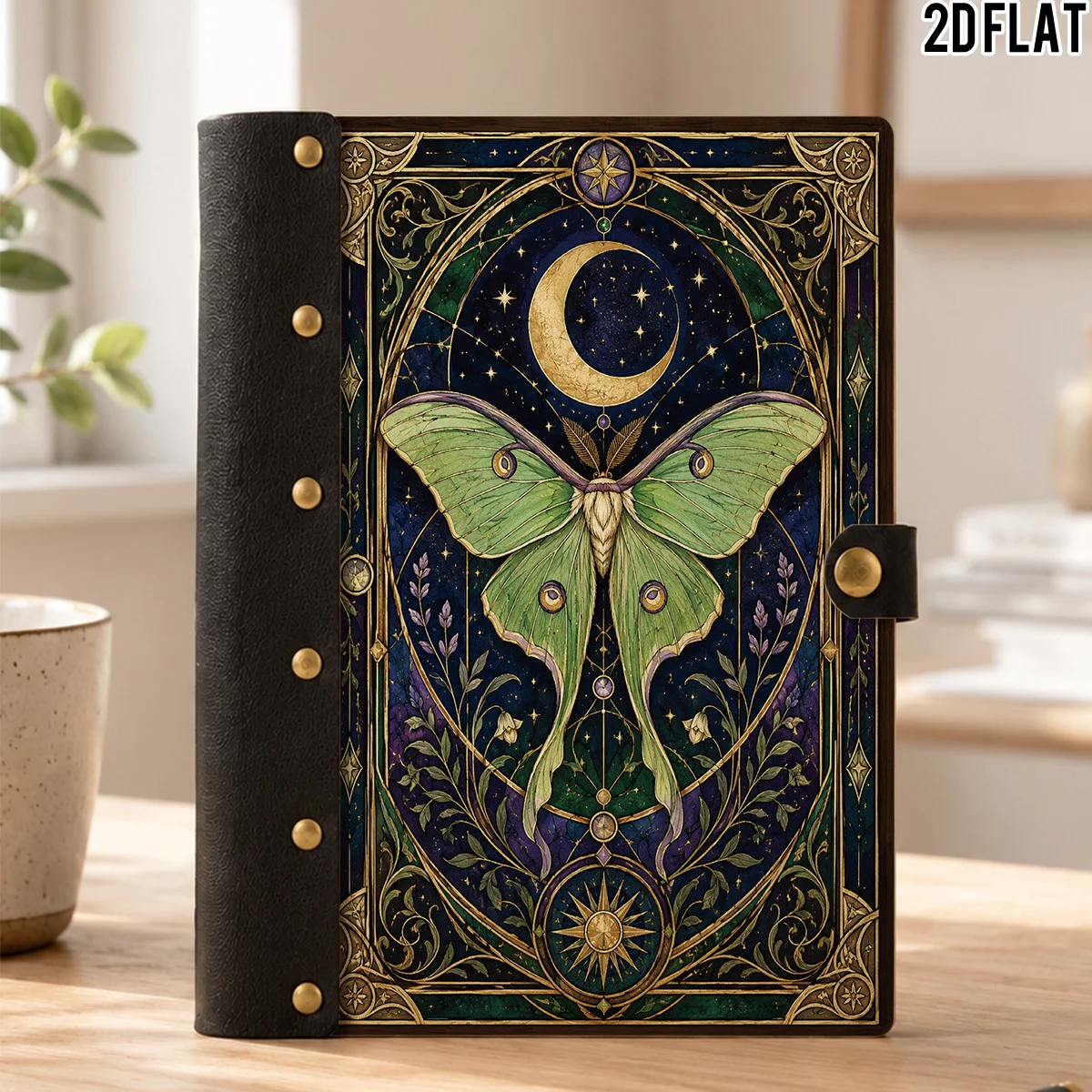 1PC 2DFlat Wooden Notebook, Hardcover Luna Moth Crescent Moon Stained Glass Celestial Print, 100 Pages With Leather Rivet Craft