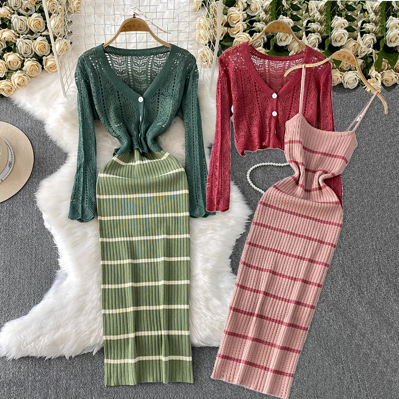 

Summer Women clothing Long Sleeve Hollow Out Crochet Short Cardigan Tops + Striped Slim Long Strap Dress Two Piece Set Outfits
