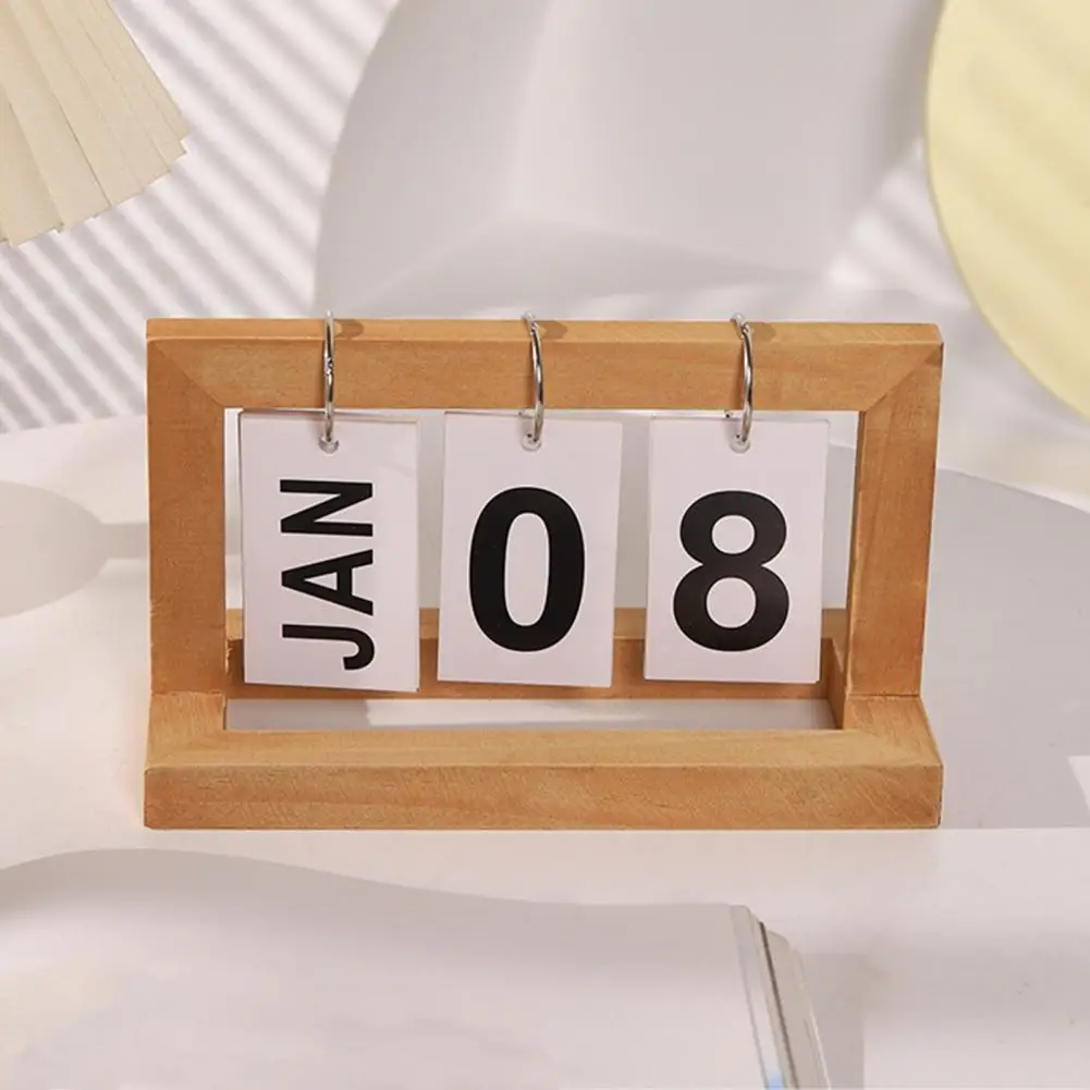 Calendar Work Station Decor Rust-resistant Wooden Perpetual Calendar Ornament Desktop Decor with Metal Iron Ring Solid for Home