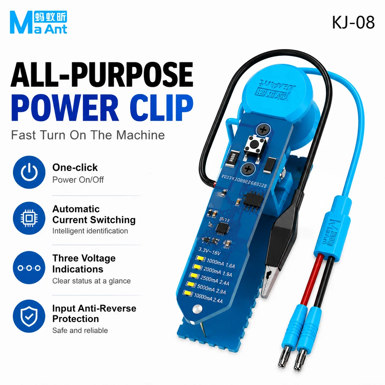 MaAnt KJ-08 Universal Power Clip No Solder Spring Clamp One Click Startup for Phone Motherboard Repair Testing