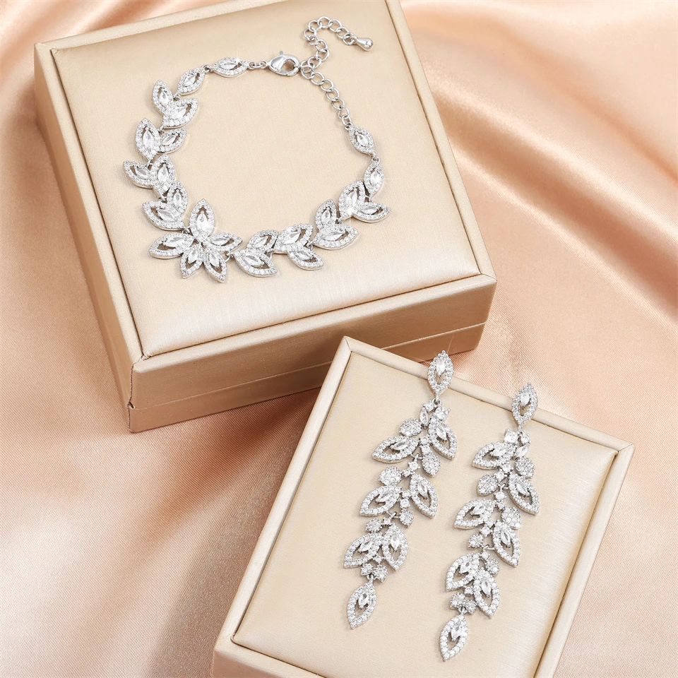 ZAKOL Brand Shiny Buling Micropaved Zirconia Leaf Long Earrings Chain Bracelet Charm Wedding Jewelry Set For Women