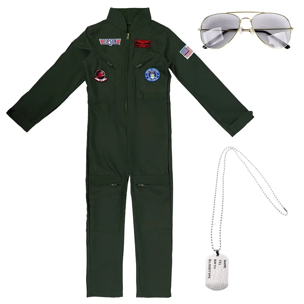 Disfraz de piloto de combate para adultos y niños, traje de vuelo de la Fuerza Aérea, juego de rol con accesorios de aviador, mono de Piloto Militar verde del ejército