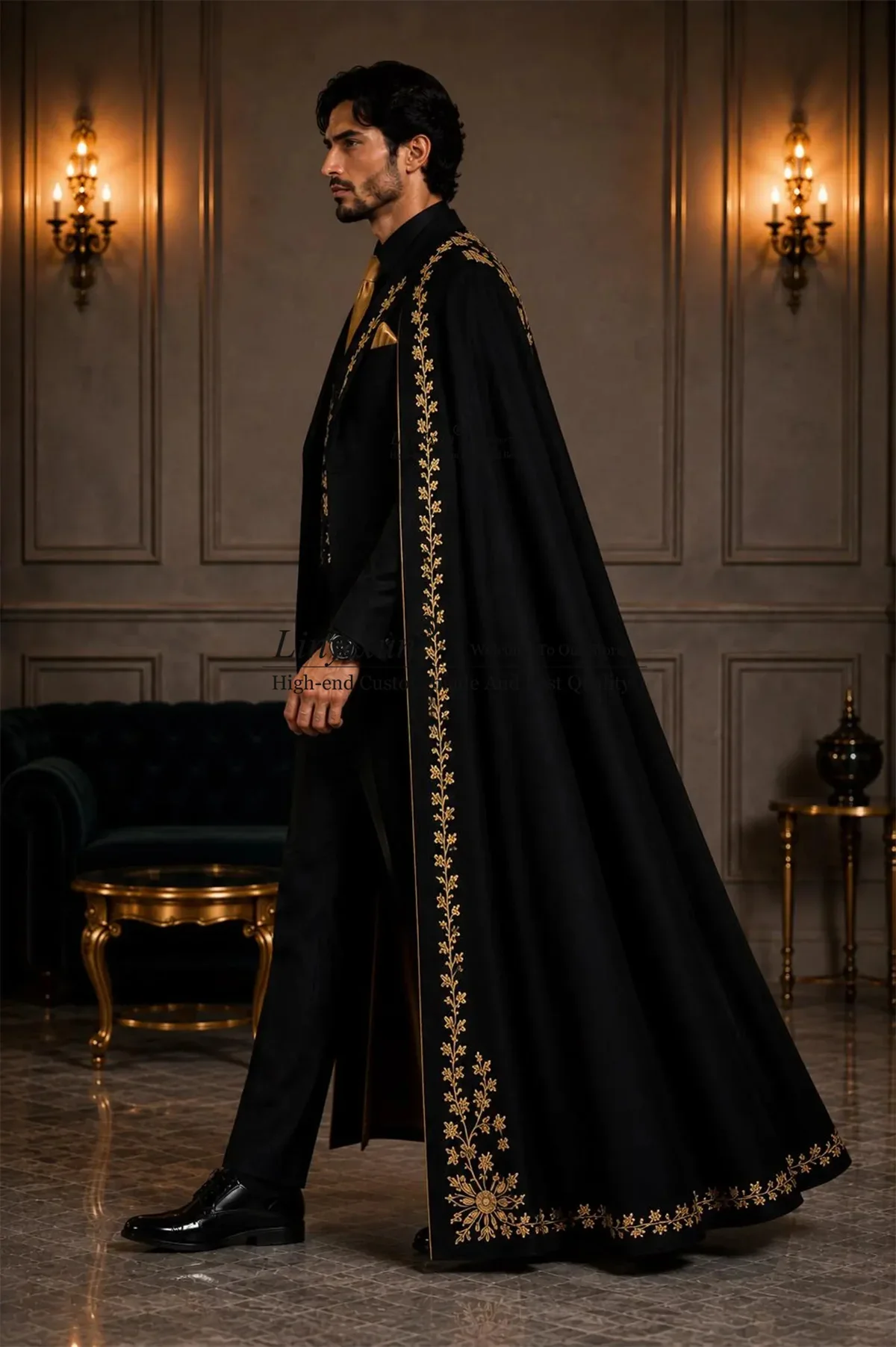 Luxury Embroidered Lace Men Suits Customized Long Coat Pants Design Groom Male Blazers 3 Piece Sets Wedding Tuxedos ropa hombre