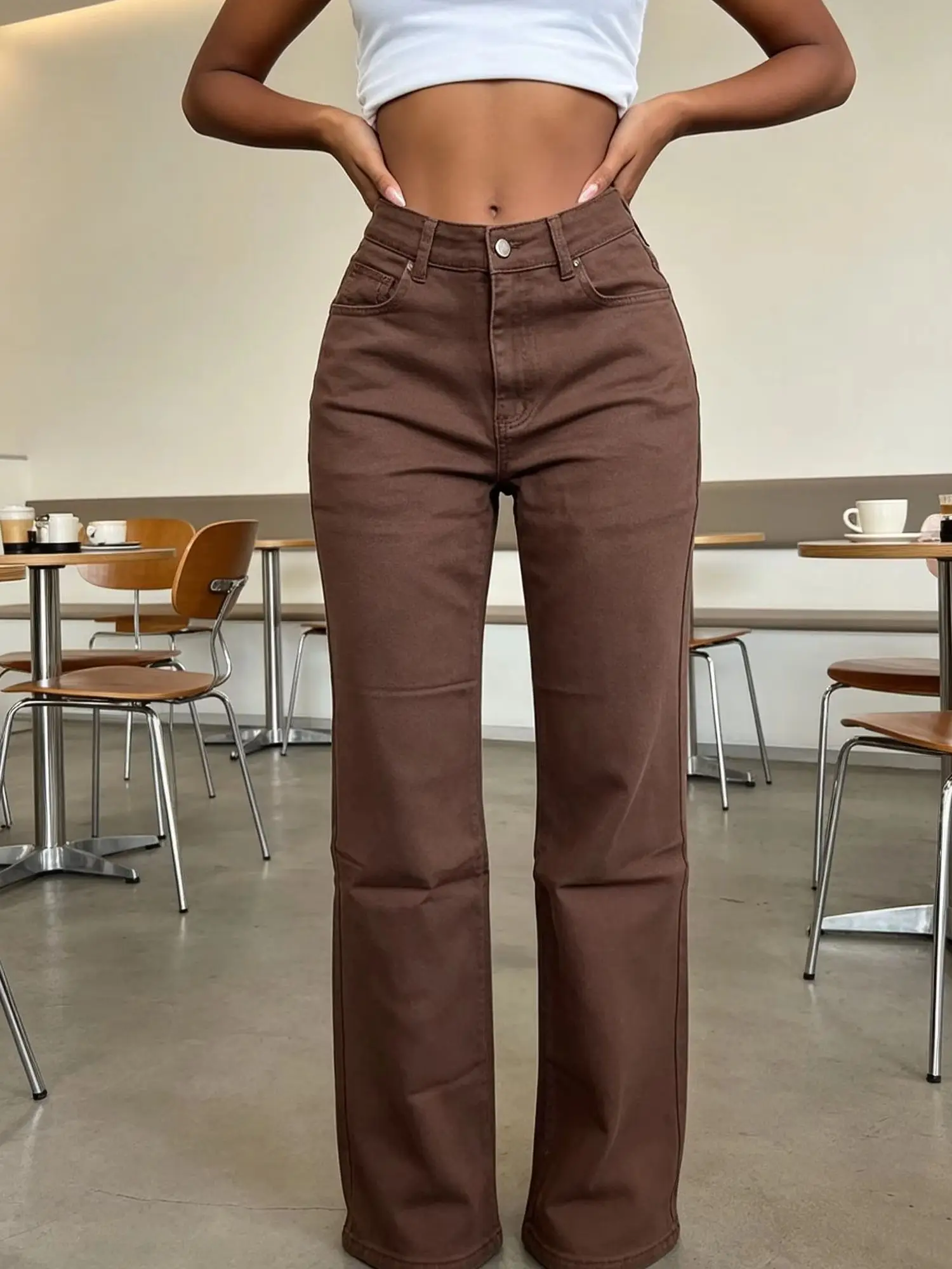 Women's Autumn Dark Brown High Waist Flare Cropped Casual Pants Stretch Solid Color Tall Look Basic Long Pants For Pear Shaped Figure