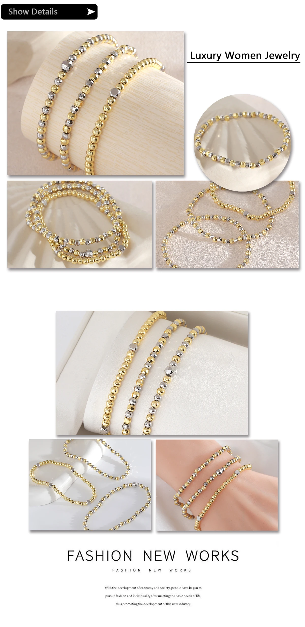 MHS.SUN Neue Luxus Elastische Perlen Armbänder Gold Und Silber Farbe Metall Perlen Armband Vielseitig Täglichen Schmuck Für Frauen Männer – Detail 16