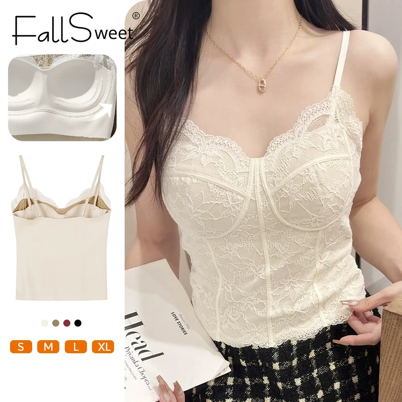 FallSweet Sexy Lace Camisole with Built-in Bra for Women French V-Neck Backless Wireless Bralette Comfortable Invisible Lingerie