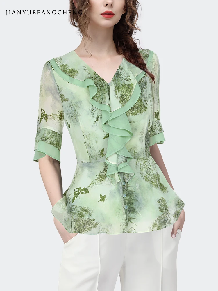 Fashion Womens Green Printed Blouse Chiffon Tulle Top 2024 Summer Short Sleeve Ruffles Tops Elegant Flowing Female Casual Shirts