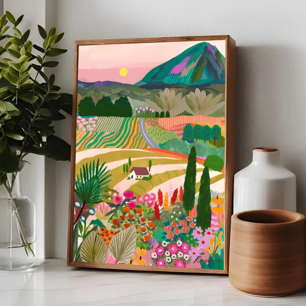 ملصق منظر طبيعي ملون ، زهور ، جبل ، بحيرة ، فن جداري عالي الجودة ، ملصقات عتيقة لديكور المنزل والغرفة ، السفر