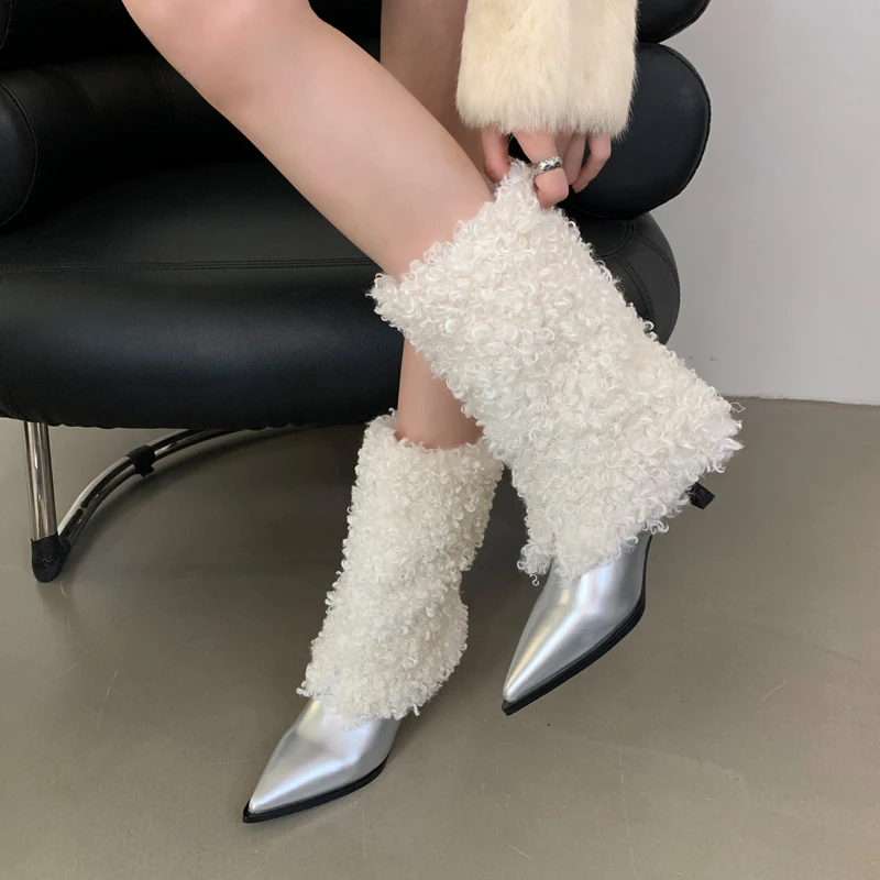 

Low Heel White Boots Black Patent Leather Winter Fur Ankle Boots Ladies Fashion Shoes Brown Furry Botas Mujer 2024 Tendencia