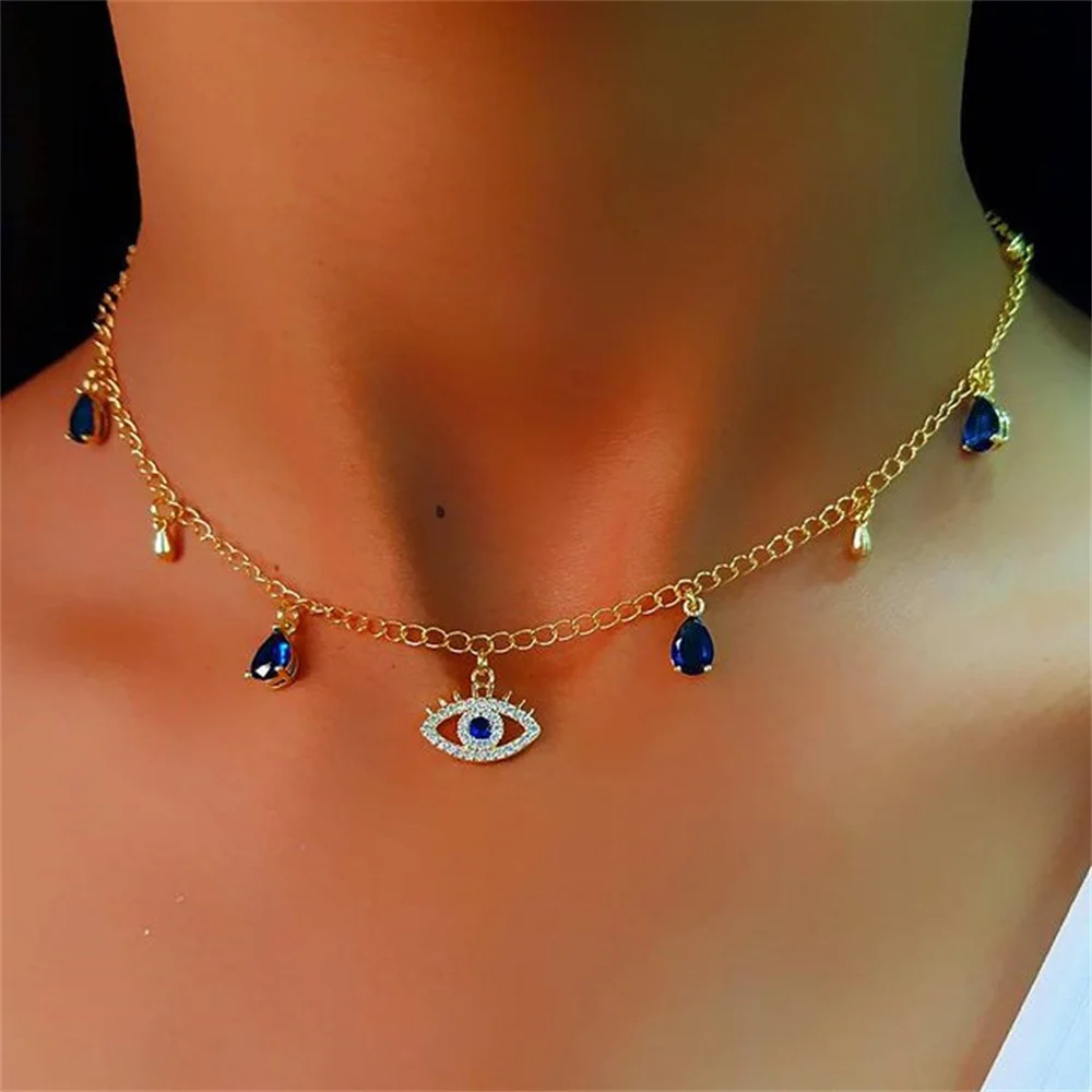 Trend Zircon Devil\'s Eye Pendant Necklace For Women Gold Color Stainless Steel Double Layer Lip Chain Choker Jewelry Wholesale