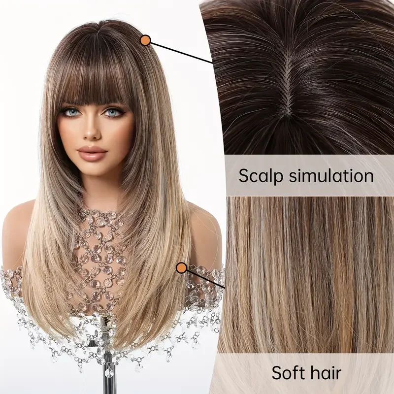 Natural Layered Hair Wigs For Women Daily Party Use Brown Ombre Synthetic Wigs Long Straight Fake Hair With Bangs Heat Resistant image 3