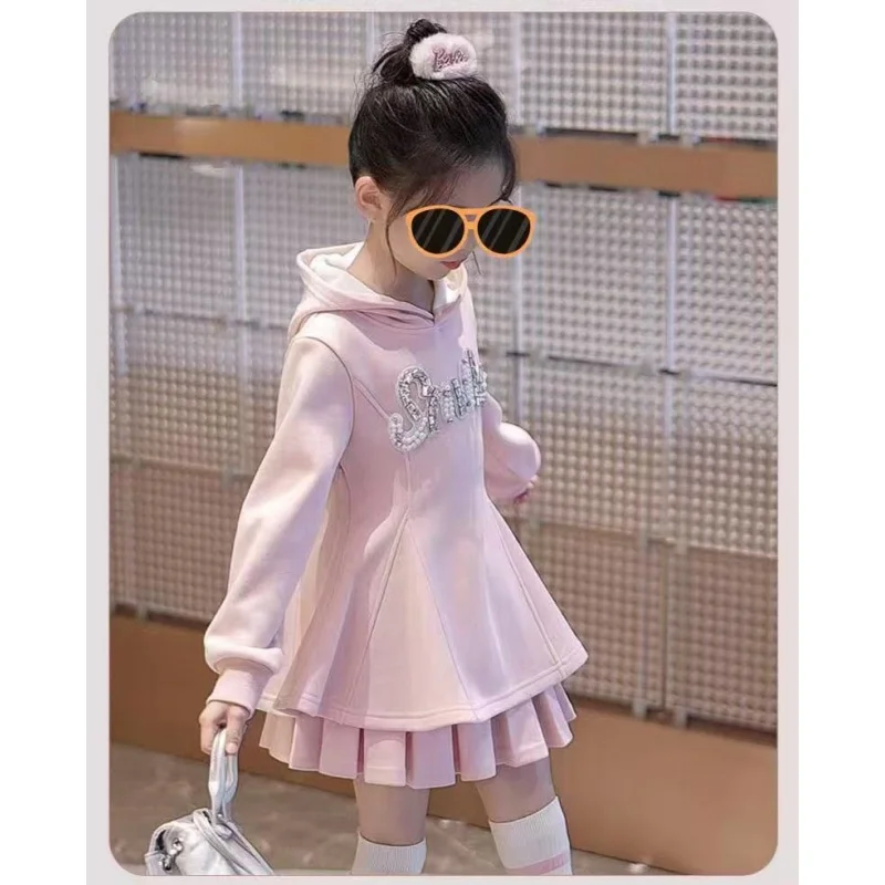 2026 Spring Girls Set Clothes Teenager Smile Pearl Slim Hooded Sweatshirts Top + pleated Skirt 4 6 7 8 9 10 11 12 14 year