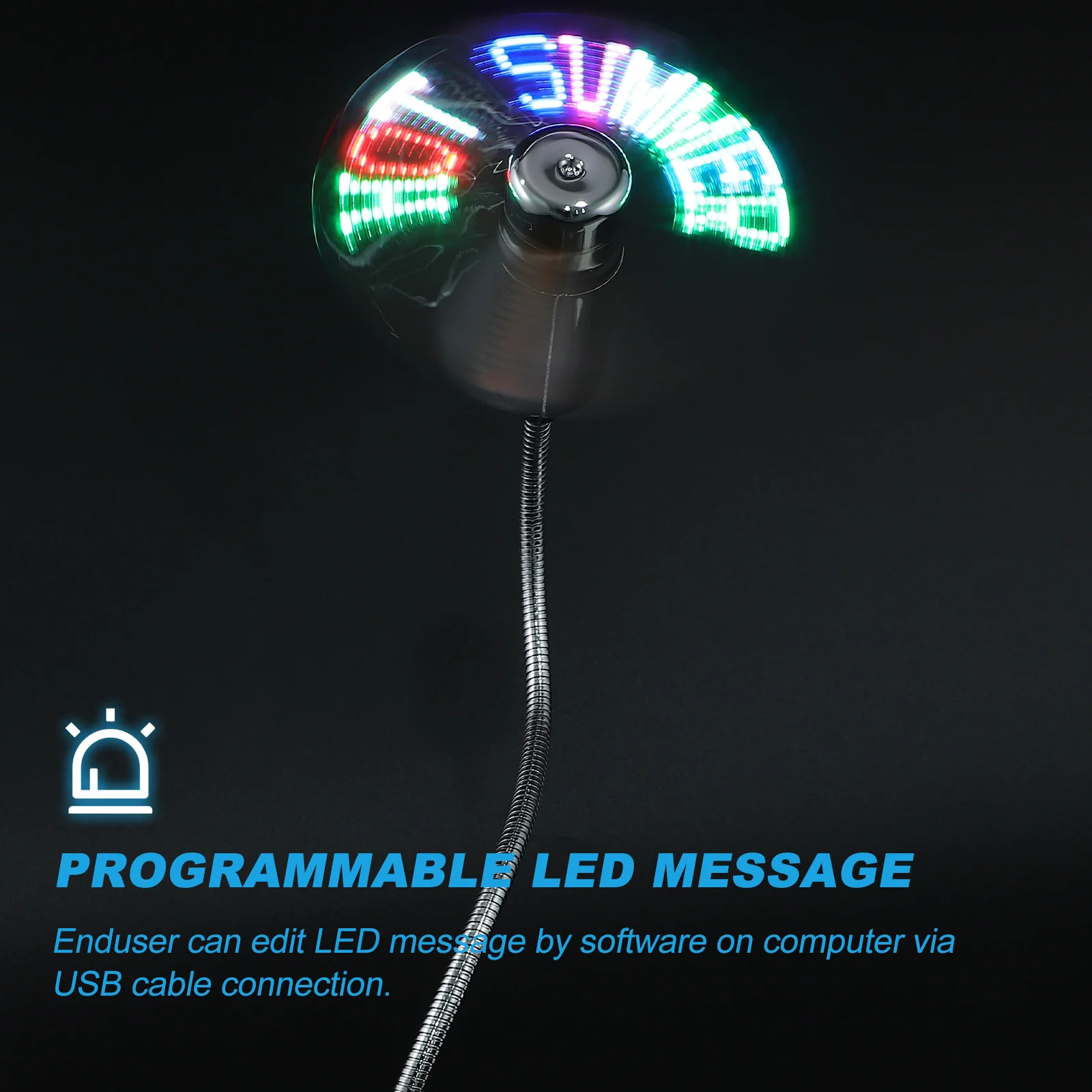 

USB Mini LED Flashing Fan Silver 41cm Flexible Neck Programmable Message Soft Blade Cooling Fan for Laptop Desktop Pc