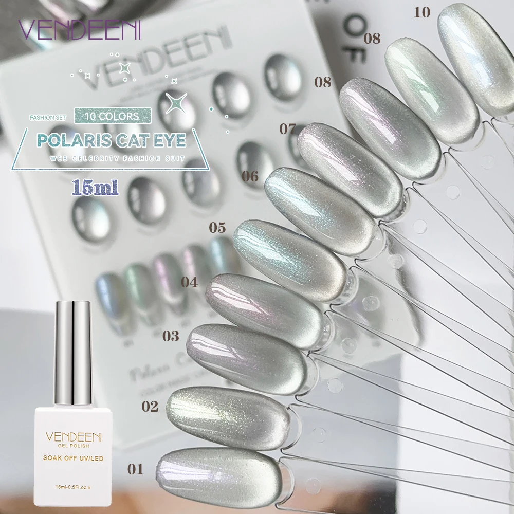 

Vendeeni 10 Colors/Set Ice Transparent Cat Eye Gel Nail Polish UV LED Gray Silver Crystal Manicure Nail Varnish With Color Card