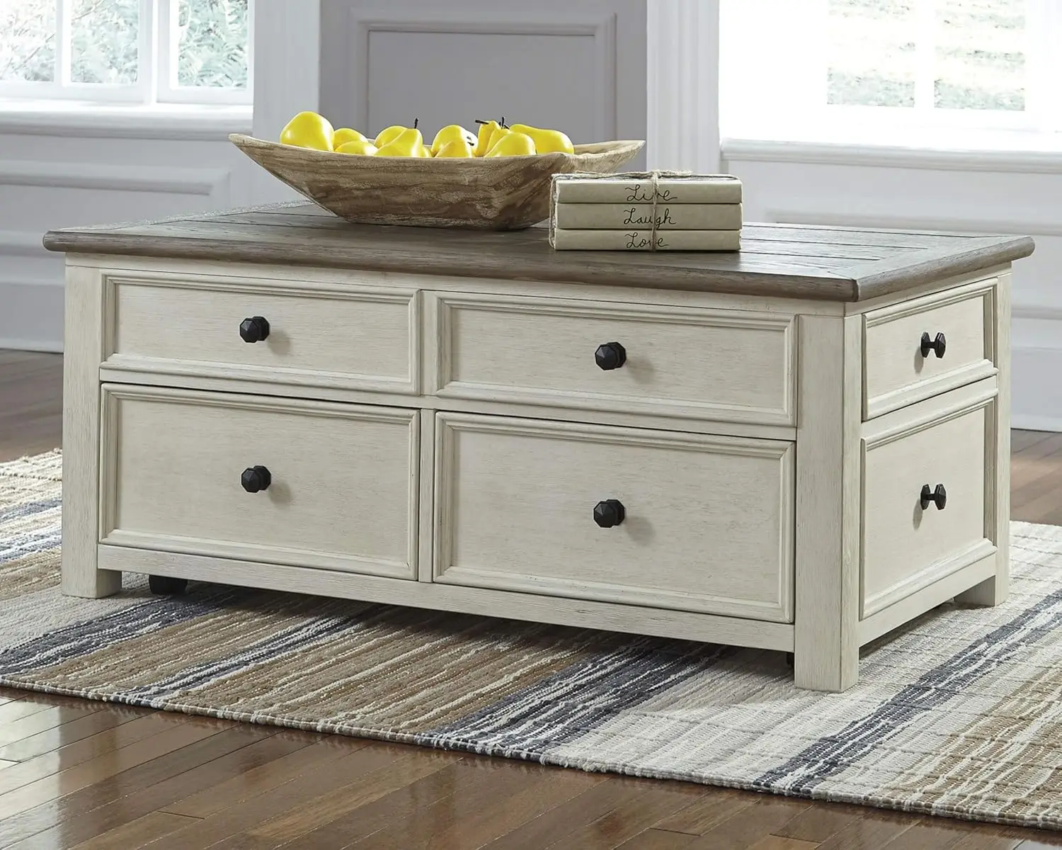 Farmhouse Lift Top Coffee Table with Drawers, Antique Cream & Brown