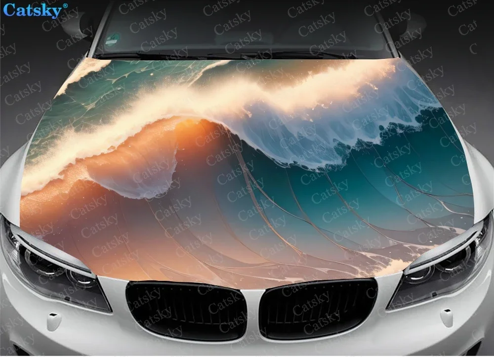 Blue Beach Ocean Waves Print Car Hood Decal Vinyl Sticker Wrap Decorative Film Hood Decal Auto Accessories Sticker Gift