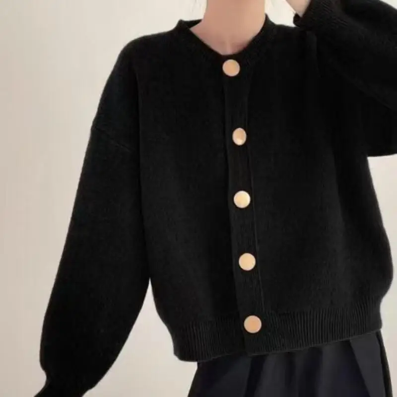 

Весенне-осенний дизайн, однотонный вязаный свитер на одной пуговице, женское пальто, кардиган, свободный универсальный топ с круглым вырезом в ленивом стиле