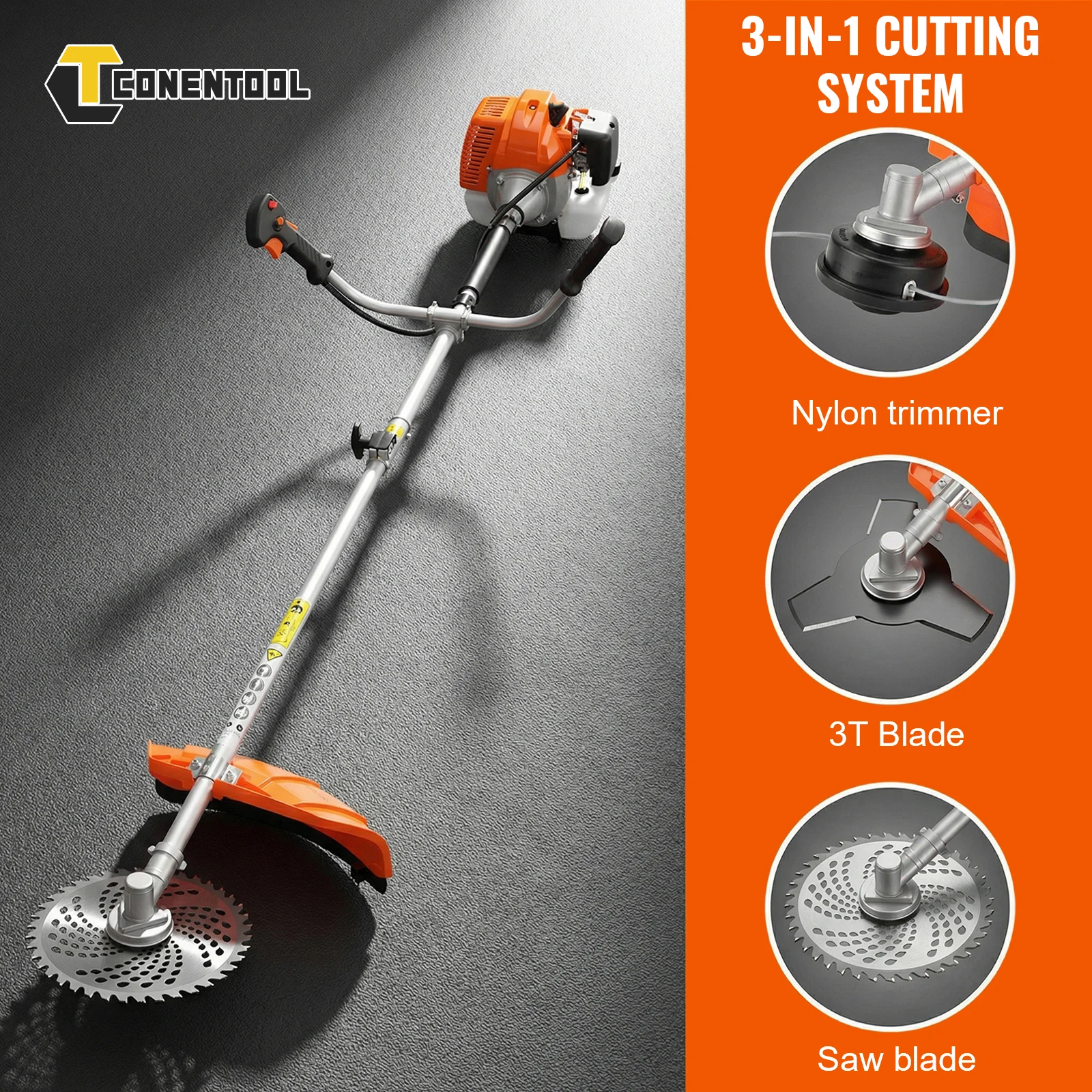 CONENTOOL 52CC 3-in-1 Petrol Brush Cutter 2500W Gas Grass Trimmer 2-Stroke Weed Eater Lawn Mower Garden Tool Heavy Duty Yard Pro
