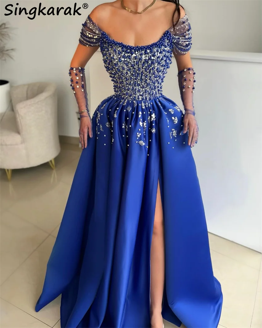 Royal Blue Evening Dresses With Two Gloves Pearls Beading Crystals Pleats فساتين طويلة Prom Party Gowns Wedding Reception Gown