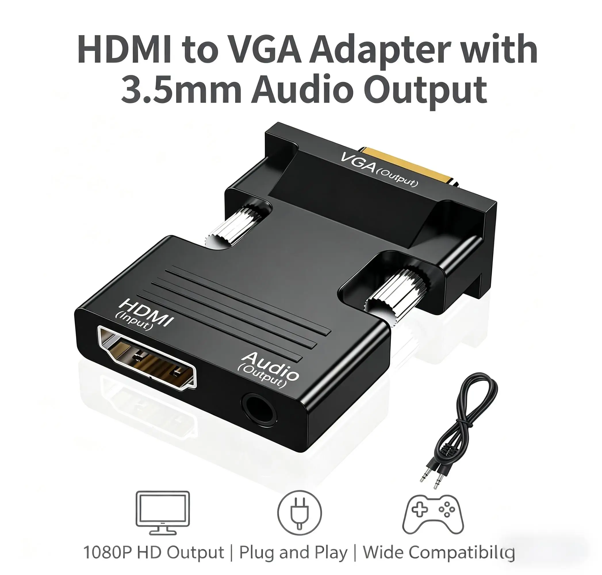 Female To Male HDMI-compatible to VGA Converter Adapter with 3.5mm Audio Cable for PS4 Monitor Projector PC Laptop 1080P HD To V