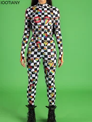 Women Abstract Art Print Jumpsuit Plaid Bodysuit With Rainbow Symbol Festival Zentai Suit Halloween Party Morphsuit Rave Outfits
