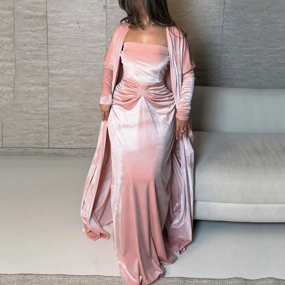 

Customized Dusty Pink Velvet Evening Dress with Jacket Long Sleeves Mermaid Evening Gowns for Women Pleated Trumpet Party Dress