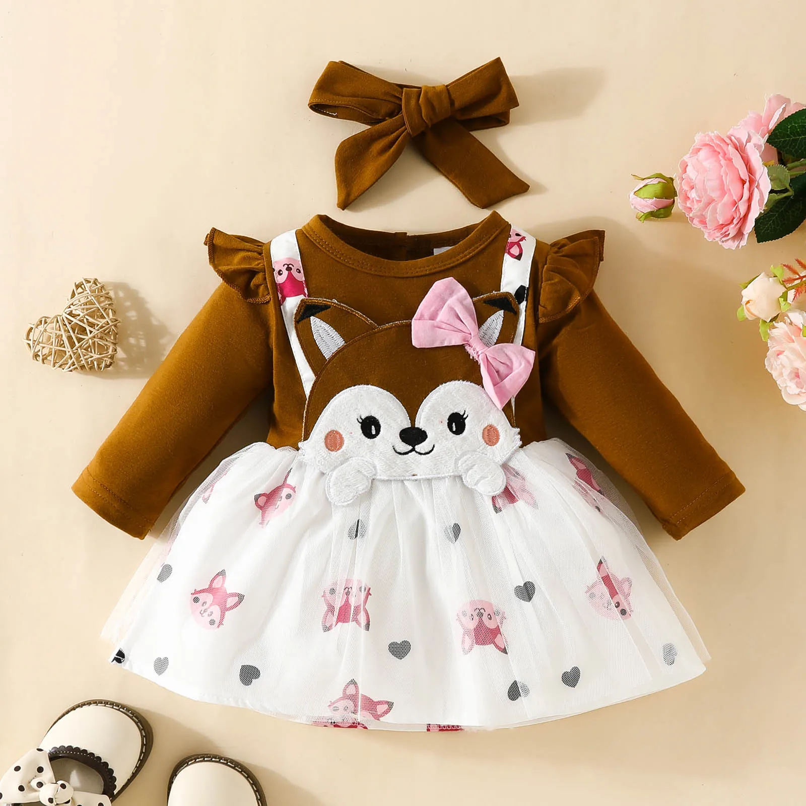 2 Pieces of Girls Long Sleeves Mesh Dress Kazakhstan Baby Girl Fox False Suspenders Mesh Skirt Which Contains Bag Fart Briefs