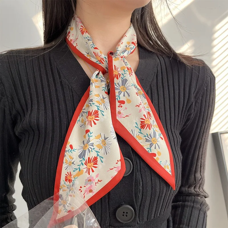 Women Fashion Red Floral Scarf New Style Multi Functional for Bag Binding Hair Band and Neck Scarf Elegant Sweet Decor Accessory view 3