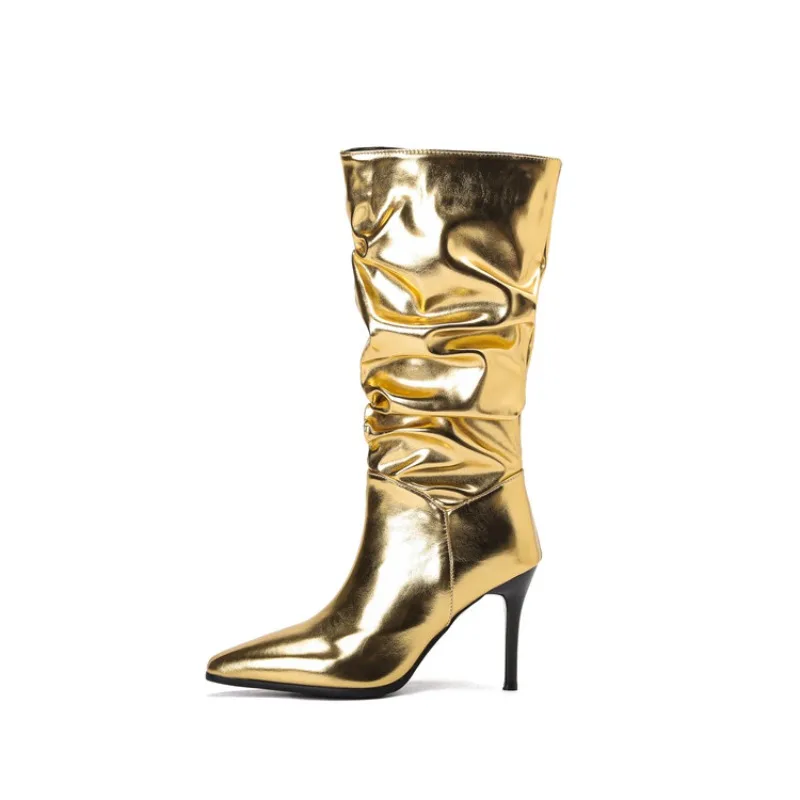 2023 Pleated 9cm/7cm Thin Heel Short Boots 34-48 Pointed Gold Silver Calf Boots New Internet Celebrity Red Carpet Stacked Boots