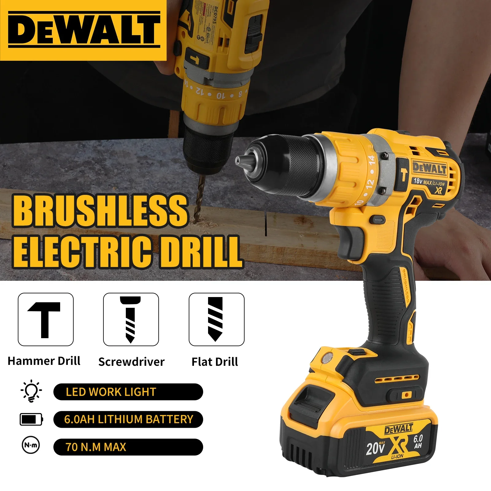 

Dewalt DCD795 Cordless Drill:20V,70Nm,0 - 2200rpm,Infinite Speed,Exhaust Port Design,For Woodworking&Metal Drilling Tasks
